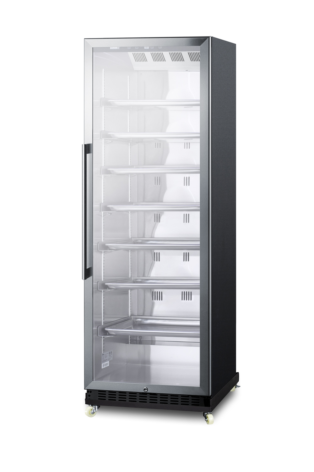 Full-size commercial beverage merchandiser designed for the display and refrigeration of beverages and sealed food, with stainless steel interior, self-closing glass door, sheet pans and adjustable tray supports, chrome shelves, black cabinet, and removable dolly